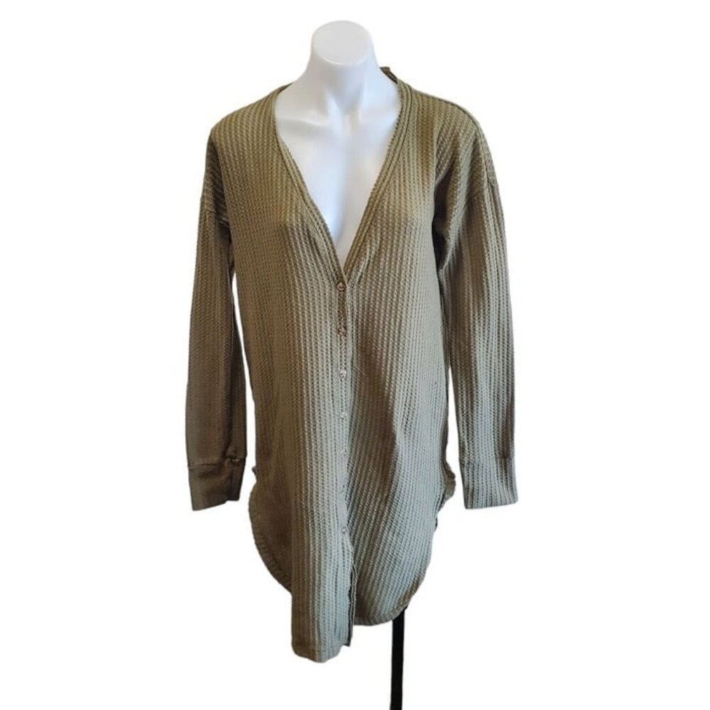 Hem & Thread Soft Cozy Olive Green Waffle Knit Oversized Cardigan Small-Large